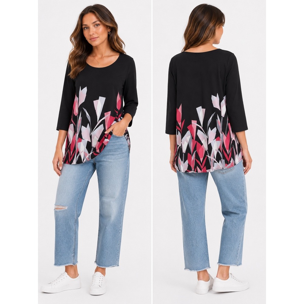 Alfani Tunic Top Womens‎ Size L Black Pink Geometric Floral 3/4 Sleeve Mod Chic